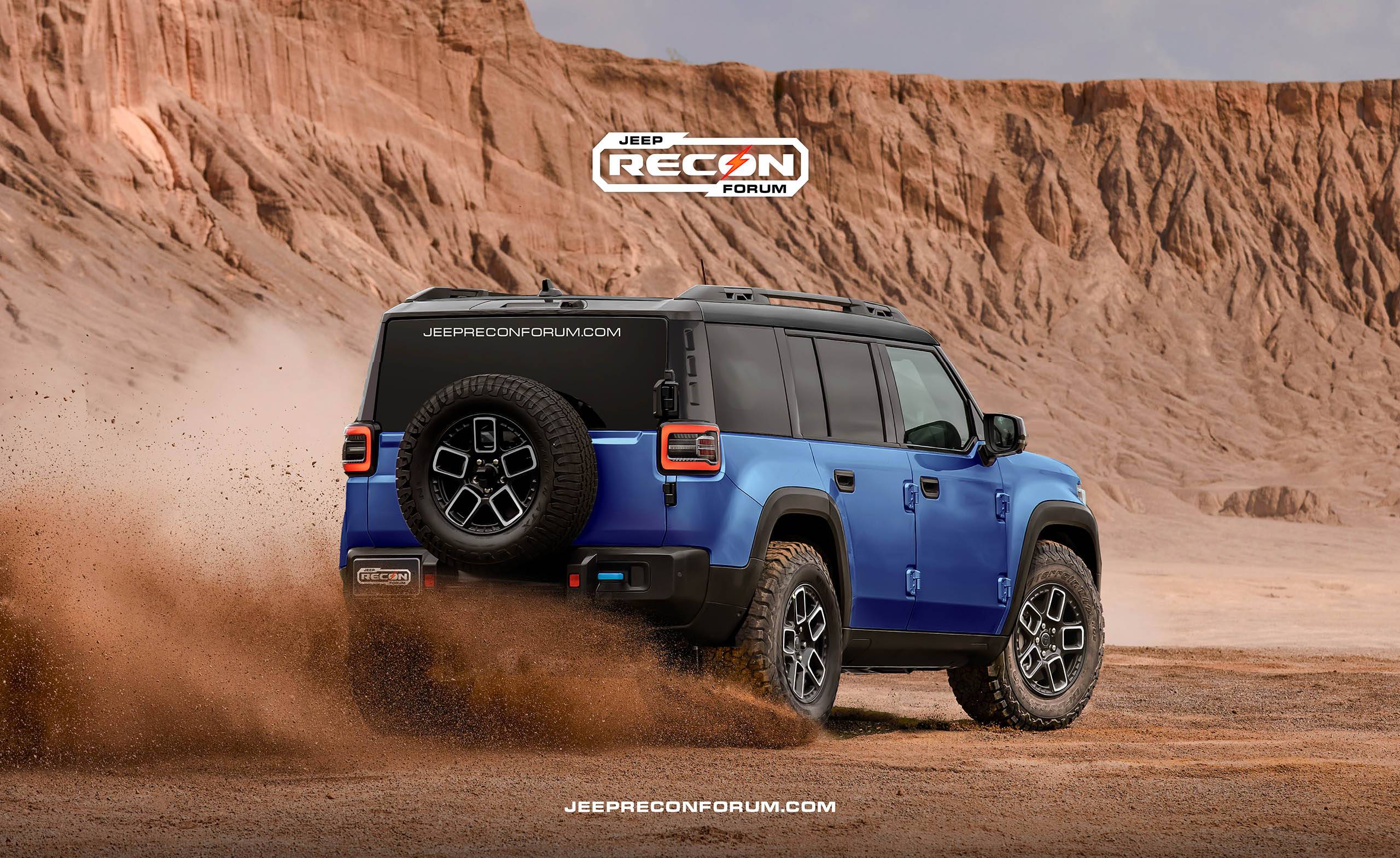 Jeep Recon EV Preview: 2025 Jeep Recon Colors w/ Black & White Roofs Jeep Recon Roof Blue Rear 2 