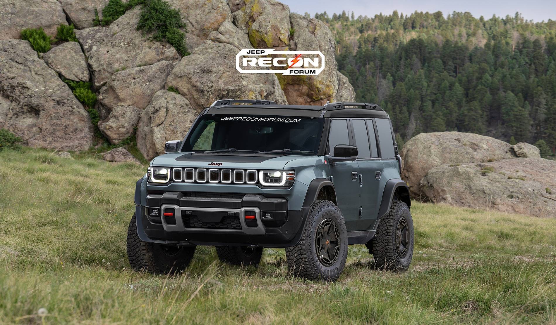 Jeep Recon EV Preview: 2025 Jeep Recons w/ Lift Kit, 35's, Fender Flares, Winch Bumper, Bull Bar Jeep Recon SE Front 1 Grey