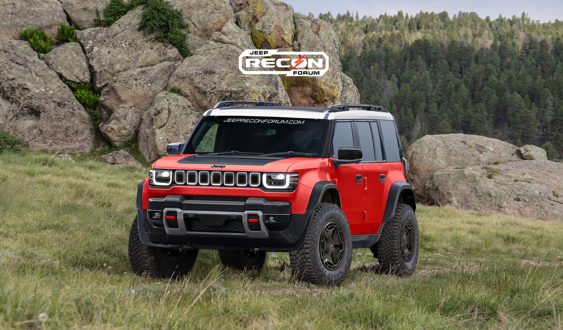 Jeep Recon EV Preview: 2025 Jeep Recons w/ Lift Kit, 35's, Fender Flares, Winch Bumper, Bull Bar Jeep Recon SE Front 1 Red