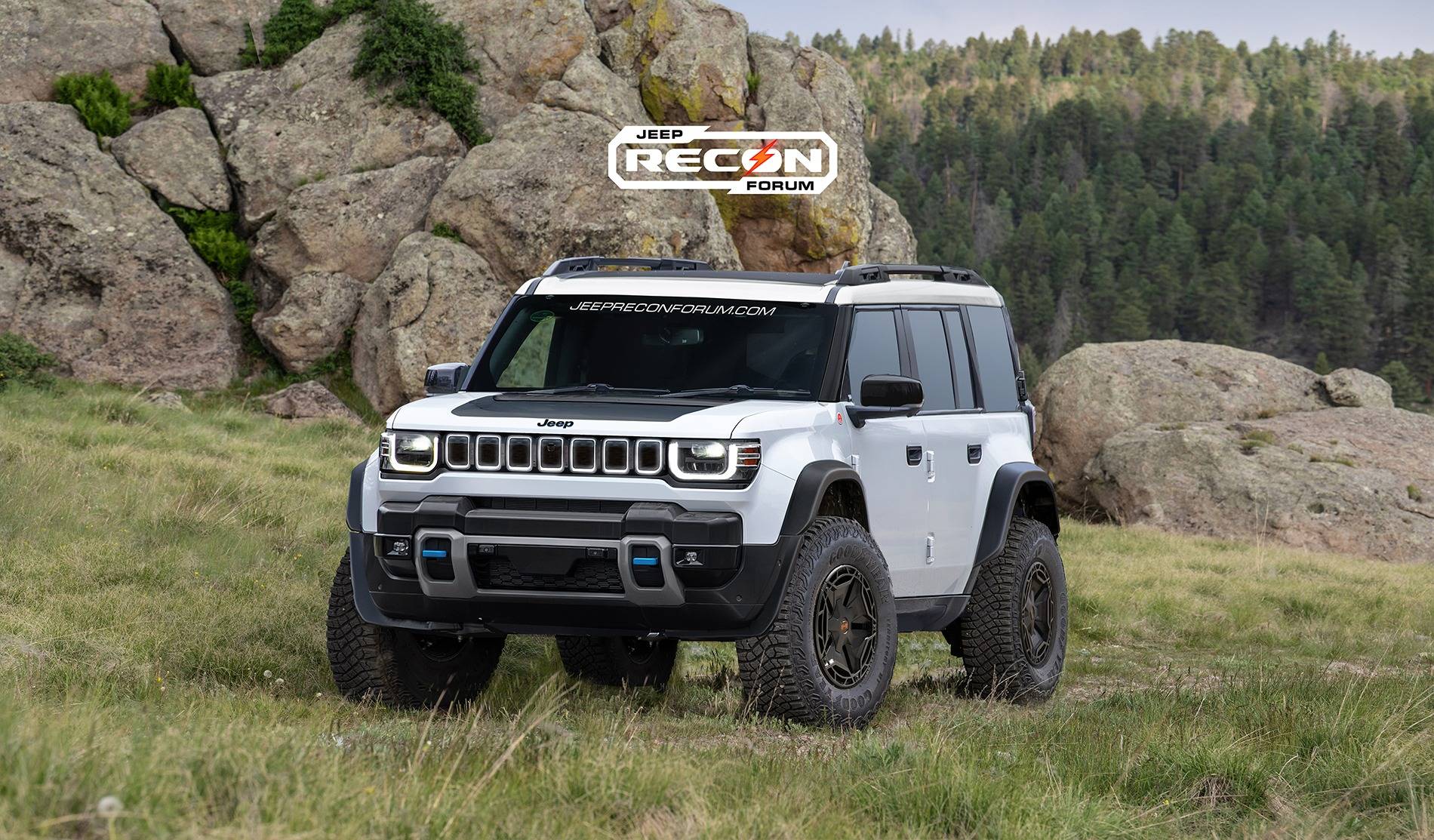 Jeep Recon EV Preview: 2025 Jeep Recons w/ Lift Kit, 35's, Fender Flares, Winch Bumper, Bull Bar Jeep Recon SE Front 1 White