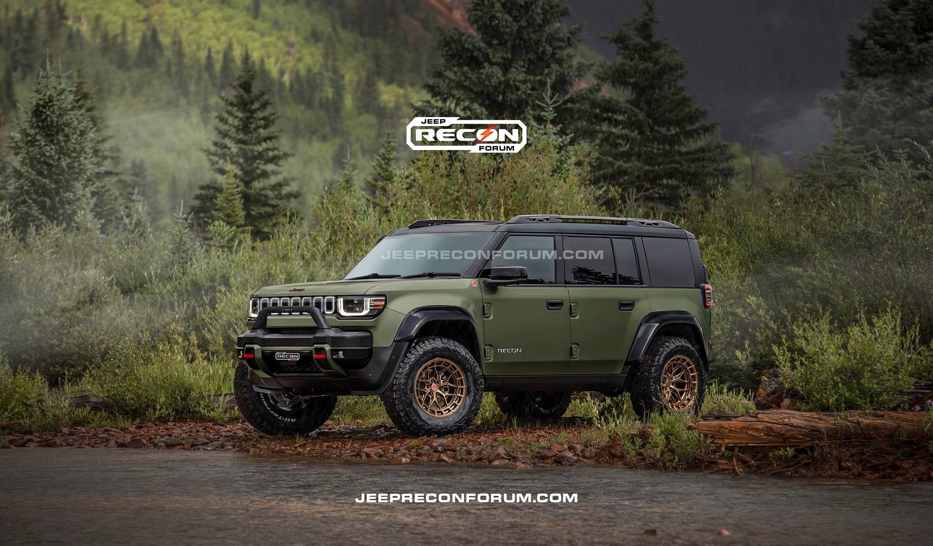 Jeep Recon EV Preview: 2025 Jeep Recons w/ Lift Kit, 35's, Fender Flares, Winch Bumper, Bull Bar Jeep Recon SE Front Army Green