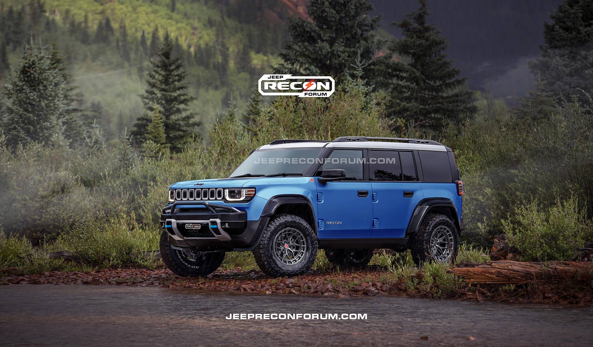 Jeep Recon EV Preview: 2025 Jeep Recons w/ Lift Kit, 35's, Fender Flares, Winch Bumper, Bull Bar Jeep Recon SE Front Blue White