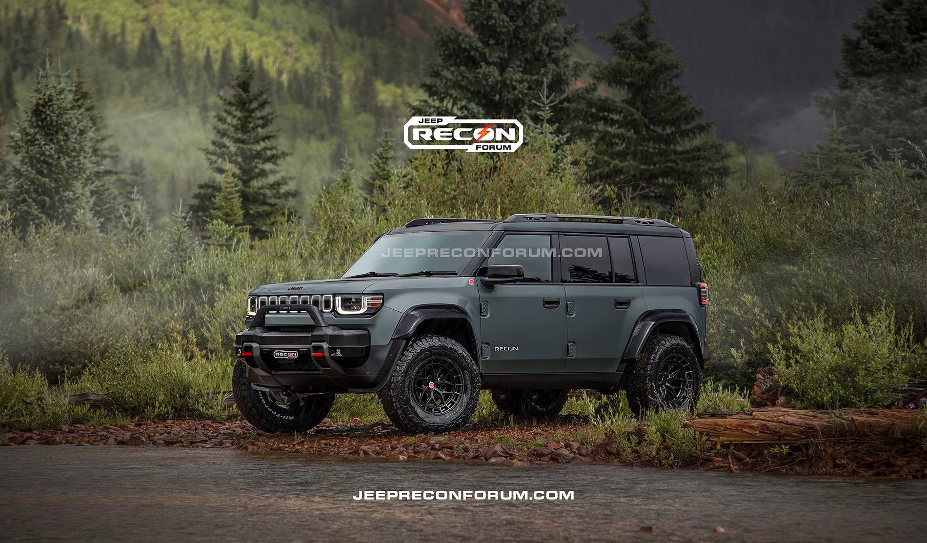 Jeep Recon EV Preview: 2025 Jeep Recons w/ Lift Kit, 35's, Fender Flares, Winch Bumper, Bull Bar Jeep Recon SE Front Grey Black