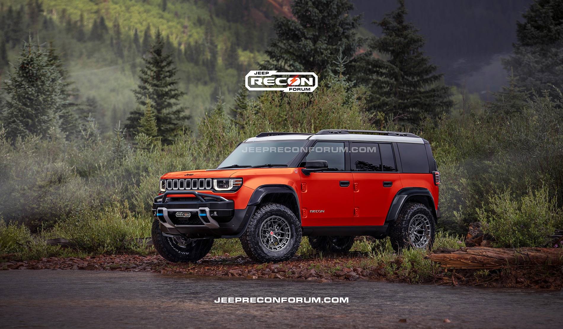 Jeep Recon EV Preview: 2025 Jeep Recons w/ Lift Kit, 35's, Fender Flares, Winch Bumper, Bull Bar Jeep Recon SE Front Orange White 