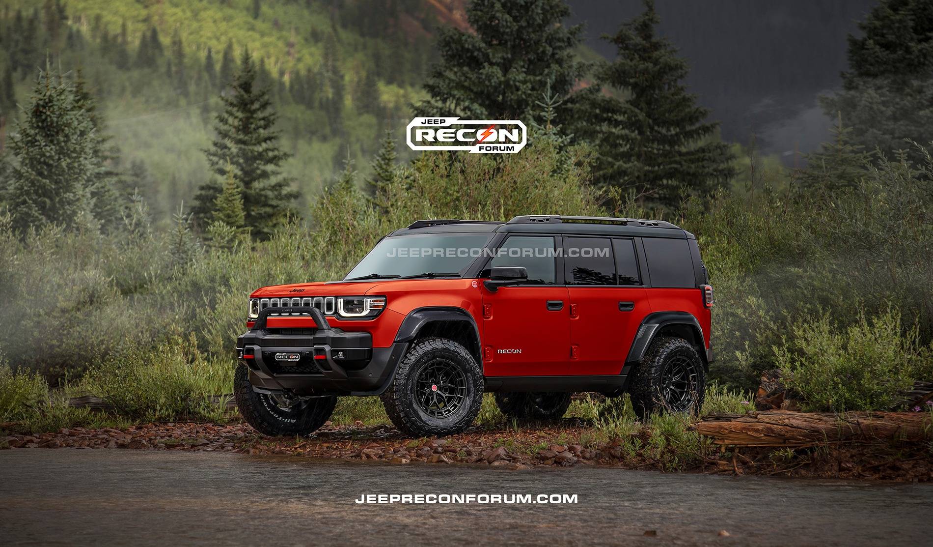 Jeep Recon EV Preview: 2025 Jeep Recons w/ Lift Kit, 35's, Fender Flares, Winch Bumper, Bull Bar Jeep Recon SE Front Red Black 