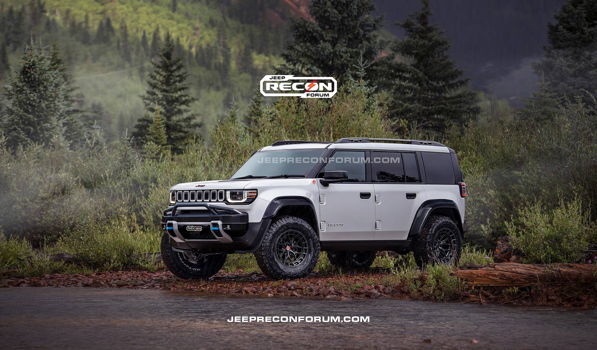 Jeep Recon EV Preview: 2025 Jeep Recons w/ Lift Kit, 35's, Fender Flares, Winch Bumper, Bull Bar Jeep Recon SE Front White 